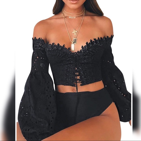 Off Shoulder Lace Up Crop Top - Picture 2 of 6